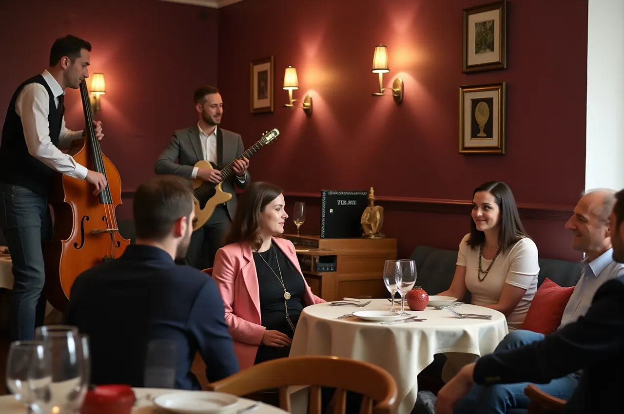 Jazzowe trio gra na niewielkiej scenie, goście słuchają w półmroku