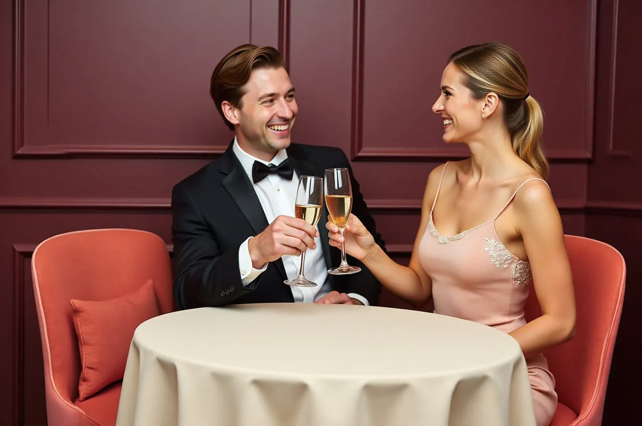 Uśmiechnięta para w strojach wieczorowych wznosi toast kieliszkami musującego wina przy stoliku